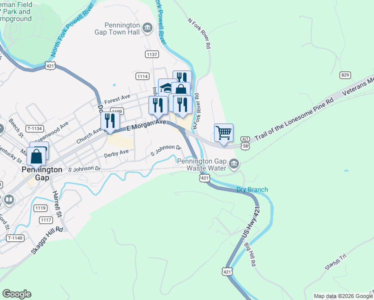 map of restaurants, bars, coffee shops, grocery stores, and more near 201-211 Woodway Road in Pennington Gap