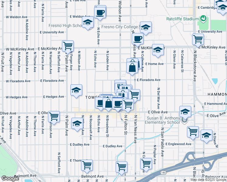 map of restaurants, bars, coffee shops, grocery stores, and more near 1340 North Linden Avenue in Fresno