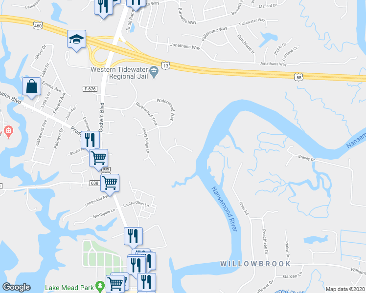 map of restaurants, bars, coffee shops, grocery stores, and more near 208 Water Pointe Way in Suffolk