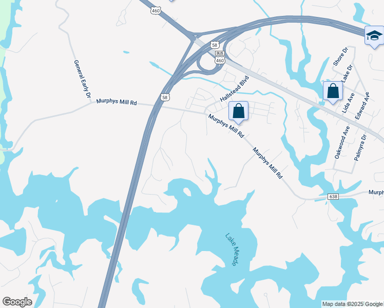 map of restaurants, bars, coffee shops, grocery stores, and more near 623 Murphys Mill Road in Suffolk
