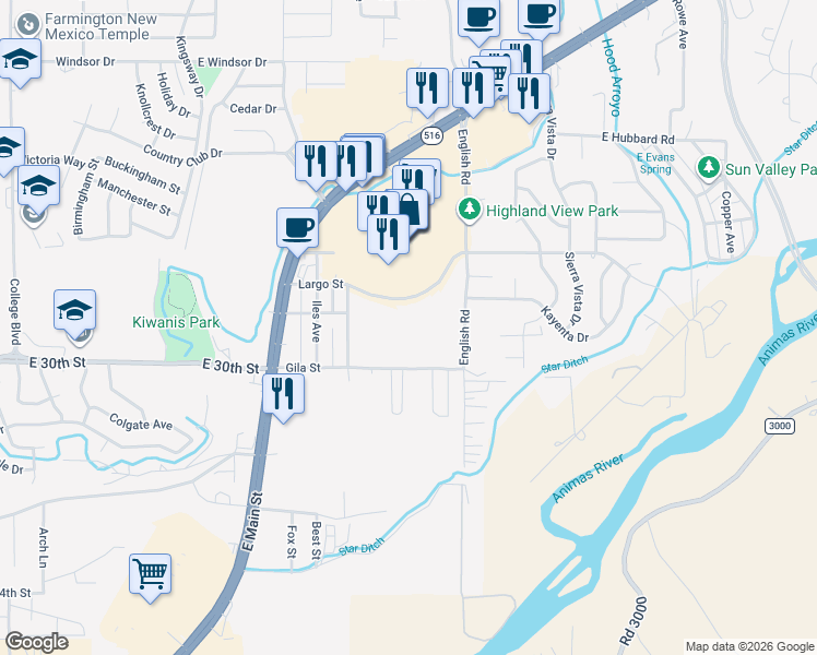 map of restaurants, bars, coffee shops, grocery stores, and more near 4400-4898 Largo Street in Farmington