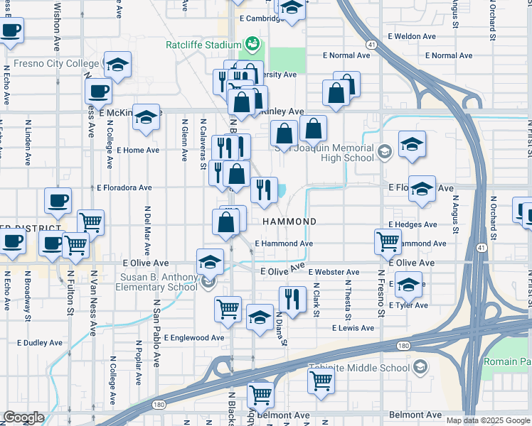 map of restaurants, bars, coffee shops, grocery stores, and more near 1855 East Lamona Avenue in Fresno