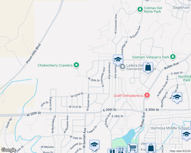 map of restaurants, bars, coffee shops, grocery stores, and more near 3509 North Sunset Avenue in Farmington