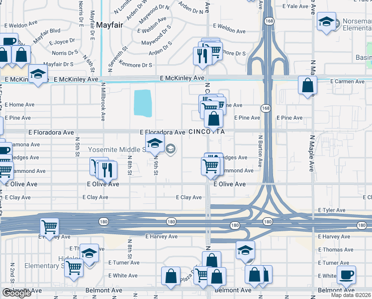 map of restaurants, bars, coffee shops, grocery stores, and more near 1350 North 11th Street in Fresno