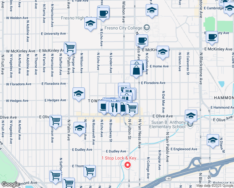 map of restaurants, bars, coffee shops, grocery stores, and more near 1360 North Linden Avenue in Fresno