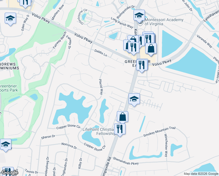 map of restaurants, bars, coffee shops, grocery stores, and more near 1412 Hunningdon Woods Boulevard in Chesapeake
