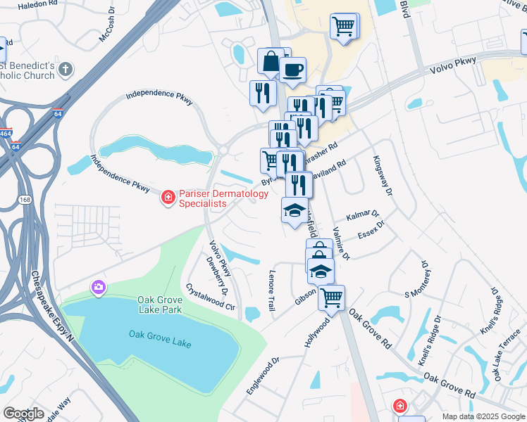map of restaurants, bars, coffee shops, grocery stores, and more near 1100 Madison Plaza in Chesapeake