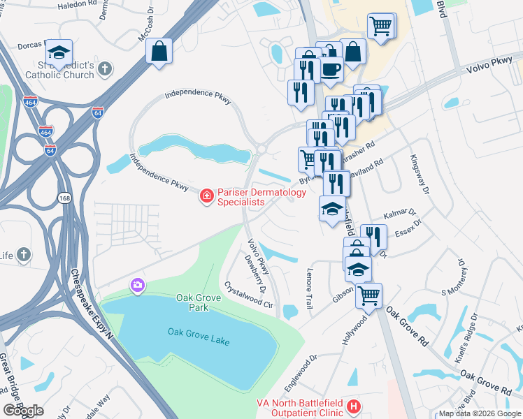 map of restaurants, bars, coffee shops, grocery stores, and more near 228 Crosswinds Drive in Chesapeake