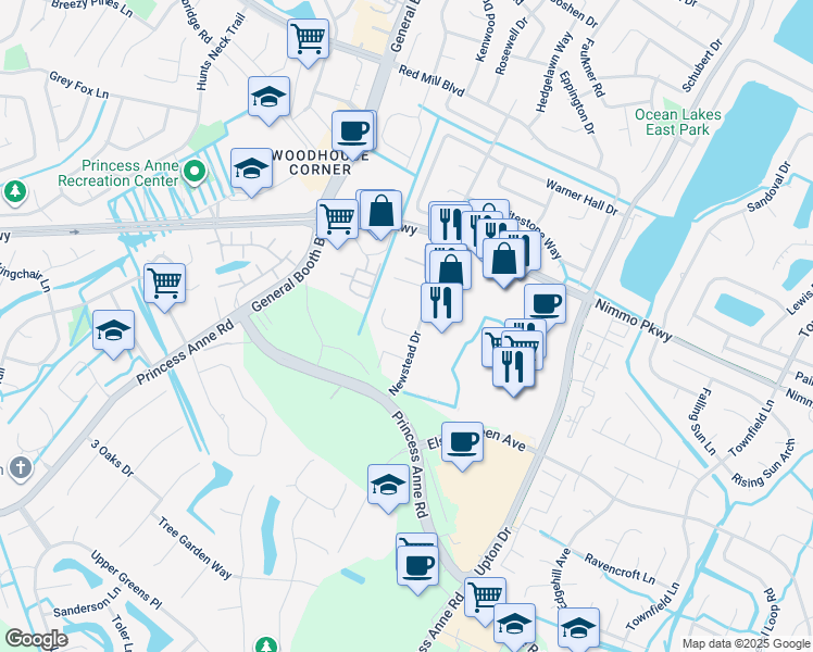 map of restaurants, bars, coffee shops, grocery stores, and more near 2349 Newstead Drive in Virginia Beach