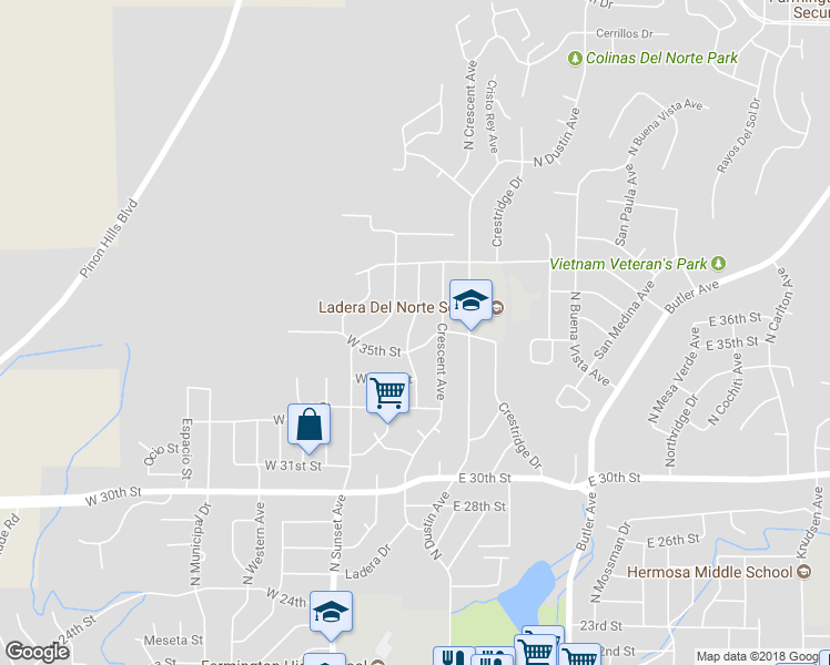 map of restaurants, bars, coffee shops, grocery stores, and more near 3508 North Coronado Avenue in Farmington