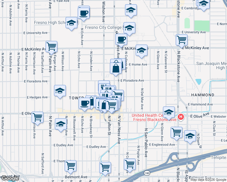 map of restaurants, bars, coffee shops, grocery stores, and more near 855 East Hedges Avenue in Fresno