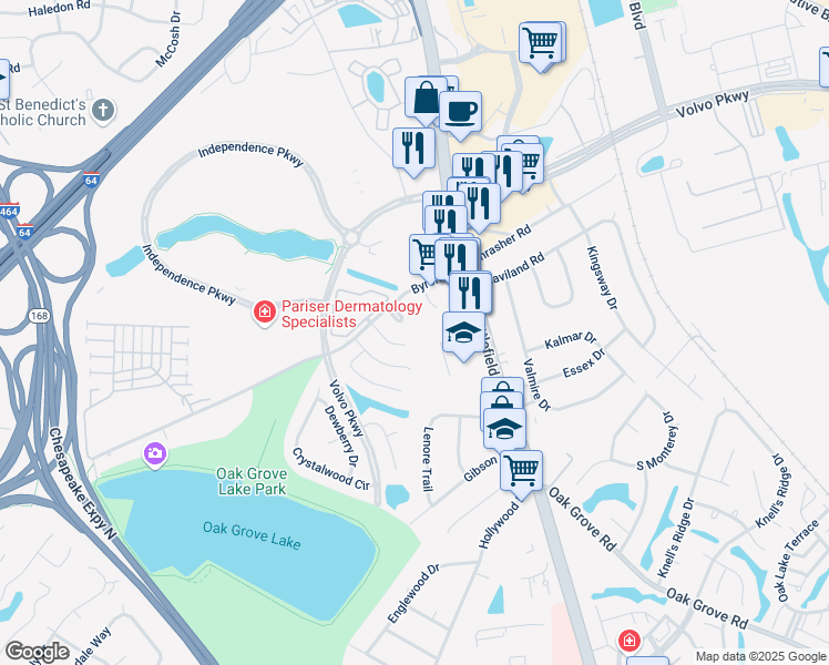 map of restaurants, bars, coffee shops, grocery stores, and more near 1100 Madison Plaza in Chesapeake