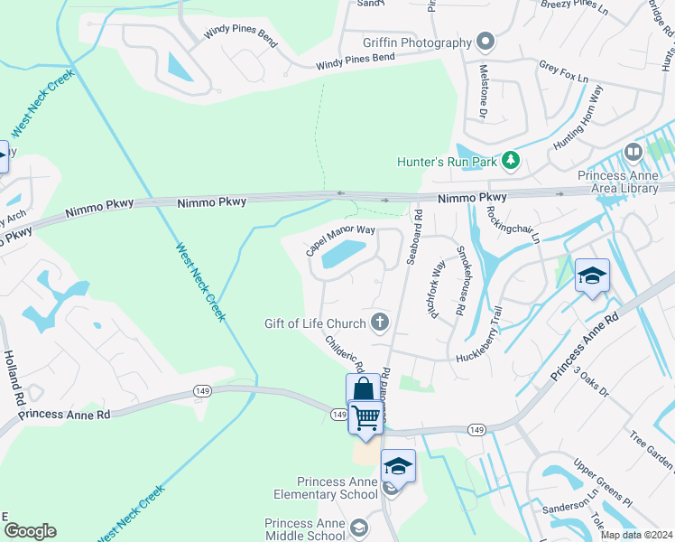 map of restaurants, bars, coffee shops, grocery stores, and more near 1893 Capel Manor Way in Virginia Beach
