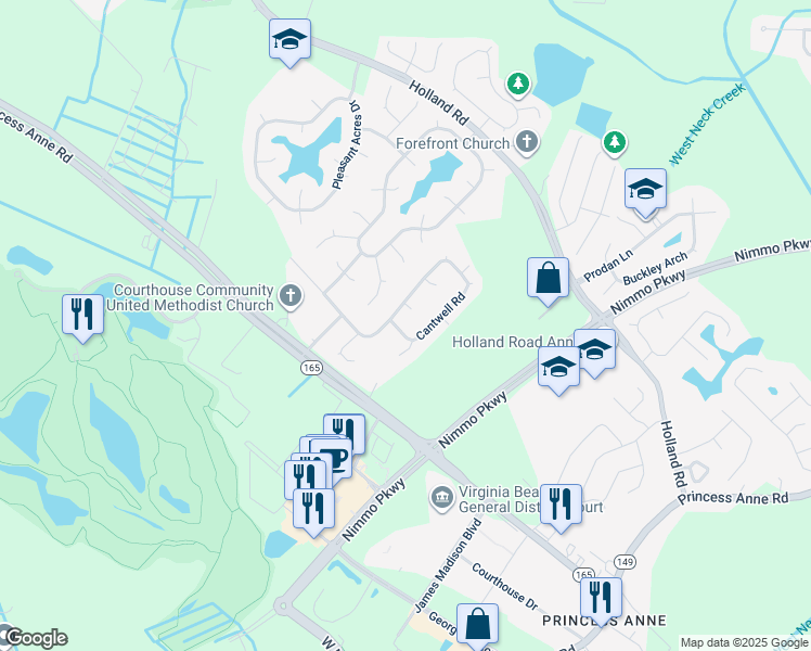map of restaurants, bars, coffee shops, grocery stores, and more near 2525 Cantwell Road in Virginia Beach