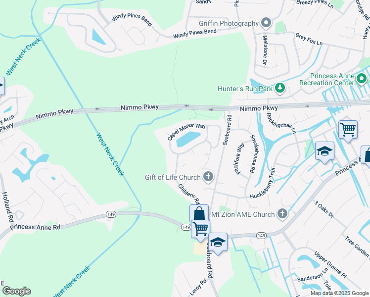 map of restaurants, bars, coffee shops, grocery stores, and more near 1893 Capel Manor Way in Virginia Beach