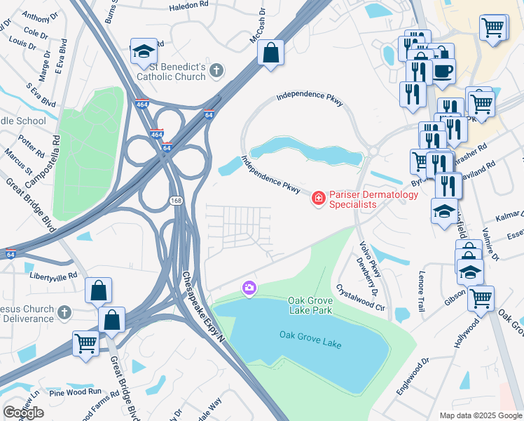 map of restaurants, bars, coffee shops, grocery stores, and more near 404 Kings Gate in Chesapeake