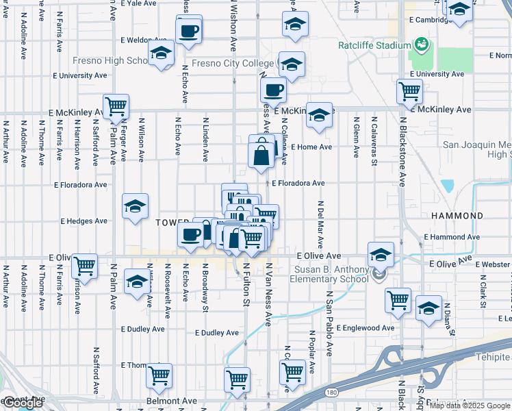 map of restaurants, bars, coffee shops, grocery stores, and more near 1355 North Van Ness Avenue in Fresno