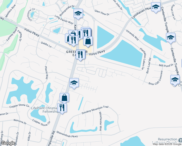 map of restaurants, bars, coffee shops, grocery stores, and more near 1707 Woodgrove Street in Chesapeake