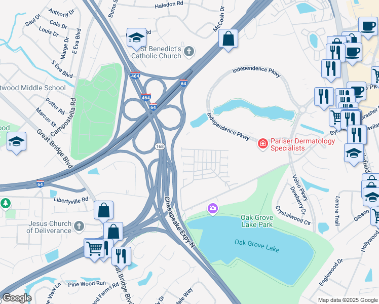 map of restaurants, bars, coffee shops, grocery stores, and more near 528 Kings Gate in Chesapeake