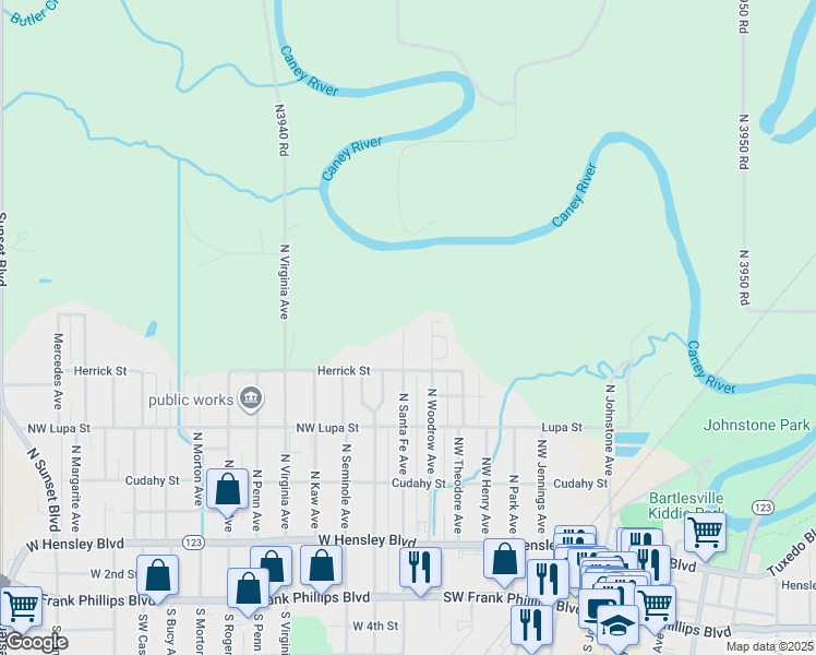 map of restaurants, bars, coffee shops, grocery stores, and more near 432 North Santa Fe Avenue in Bartlesville