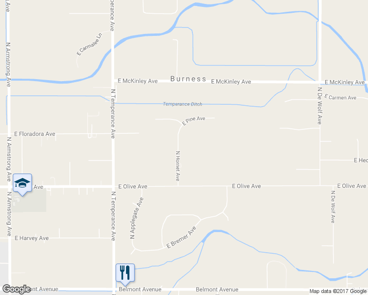 map of restaurants, bars, coffee shops, grocery stores, and more near 1698 North Hornet Avenue in Fresno