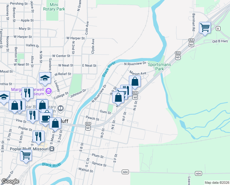 map of restaurants, bars, coffee shops, grocery stores, and more near 614 North D Street in Poplar Bluff