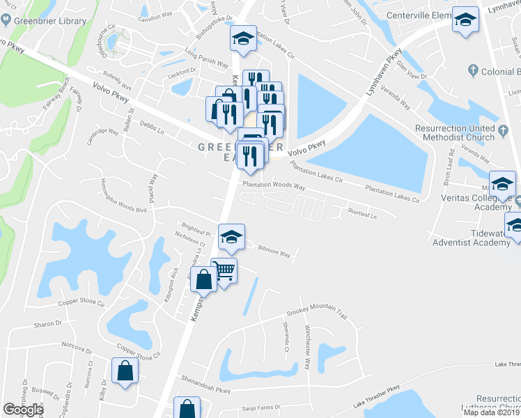 map of restaurants, bars, coffee shops, grocery stores, and more near 1501 Tallwood Circle in Chesapeake
