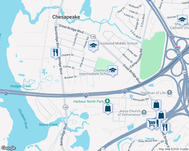map of restaurants, bars, coffee shops, grocery stores, and more near 601 Booker St in Chesapeake