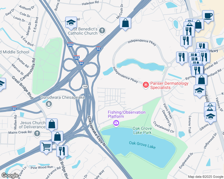 map of restaurants, bars, coffee shops, grocery stores, and more near 1237 Duke of Suffolk in Chesapeake