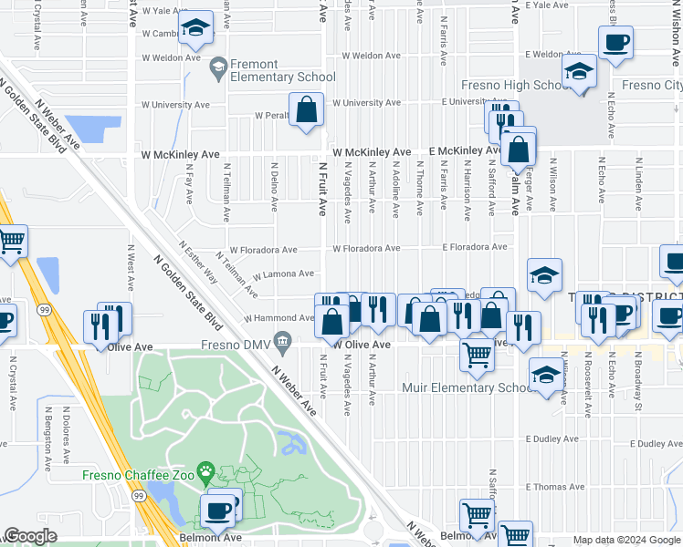 map of restaurants, bars, coffee shops, grocery stores, and more near 1345 North Vagedes Avenue in Fresno