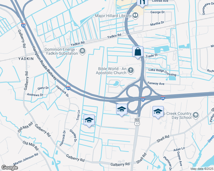 map of restaurants, bars, coffee shops, grocery stores, and more near 608 Annaka Loop in Chesapeake
