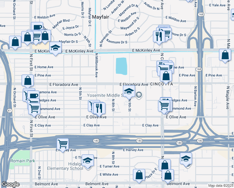 map of restaurants, bars, coffee shops, grocery stores, and more near 1330 North 8th Street in Fresno