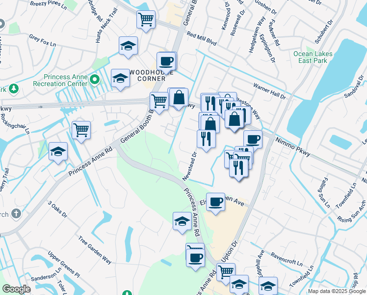 map of restaurants, bars, coffee shops, grocery stores, and more near 1320 Chippokes Court in Virginia Beach