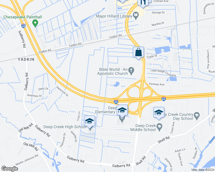 map of restaurants, bars, coffee shops, grocery stores, and more near 608 Annaka Loop in Chesapeake