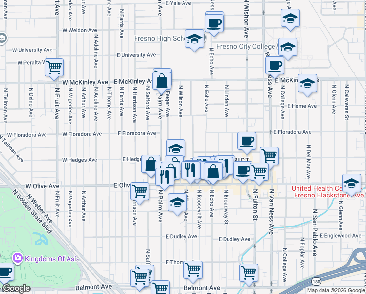 map of restaurants, bars, coffee shops, grocery stores, and more near 1358 North Wilson Avenue in Fresno