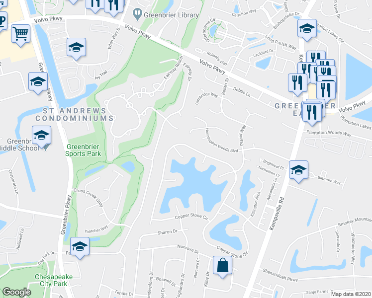 map of restaurants, bars, coffee shops, grocery stores, and more near 1011 Copper Stone Circle in Chesapeake
