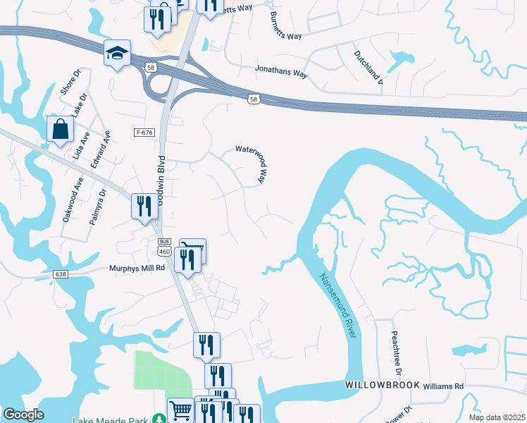 map of restaurants, bars, coffee shops, grocery stores, and more near 301 Morning Tide Cove in Suffolk
