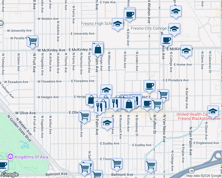 map of restaurants, bars, coffee shops, grocery stores, and more near 1358 North Wilson Avenue in Fresno