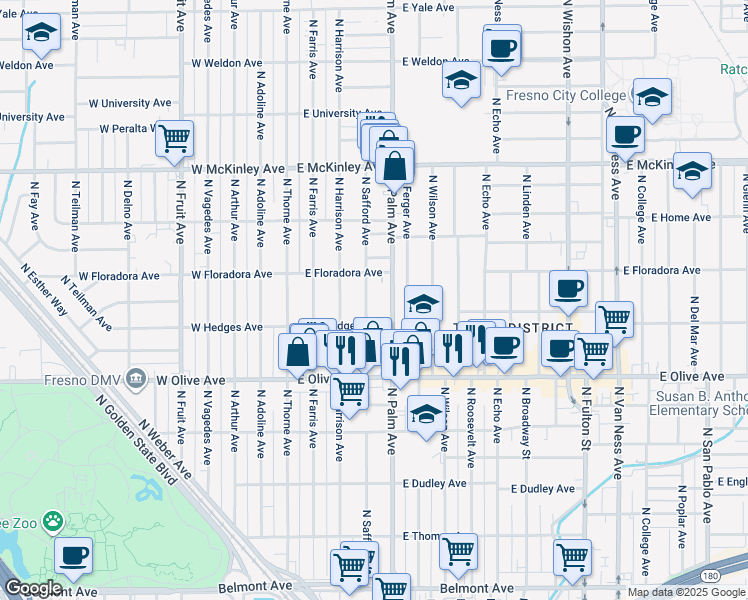 map of restaurants, bars, coffee shops, grocery stores, and more near 1362 North Safford Avenue in Fresno