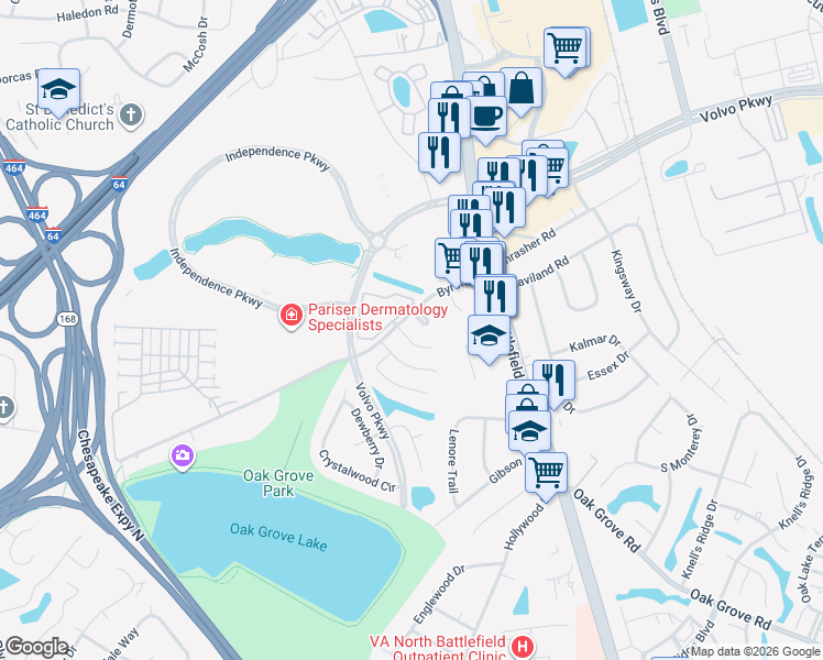 map of restaurants, bars, coffee shops, grocery stores, and more near 1222 Alder Court in Chesapeake