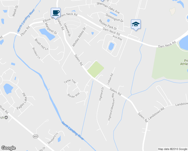 map of restaurants, bars, coffee shops, grocery stores, and more near 2268 Salem Road in Virginia Beach