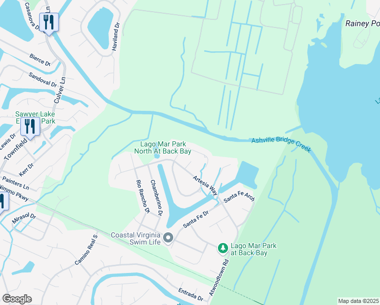 map of restaurants, bars, coffee shops, grocery stores, and more near 2236 Zia Drive in Virginia Beach