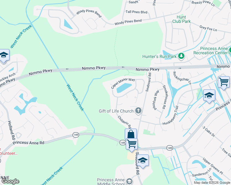 map of restaurants, bars, coffee shops, grocery stores, and more near 1869 Capel Manor Way in Virginia Beach