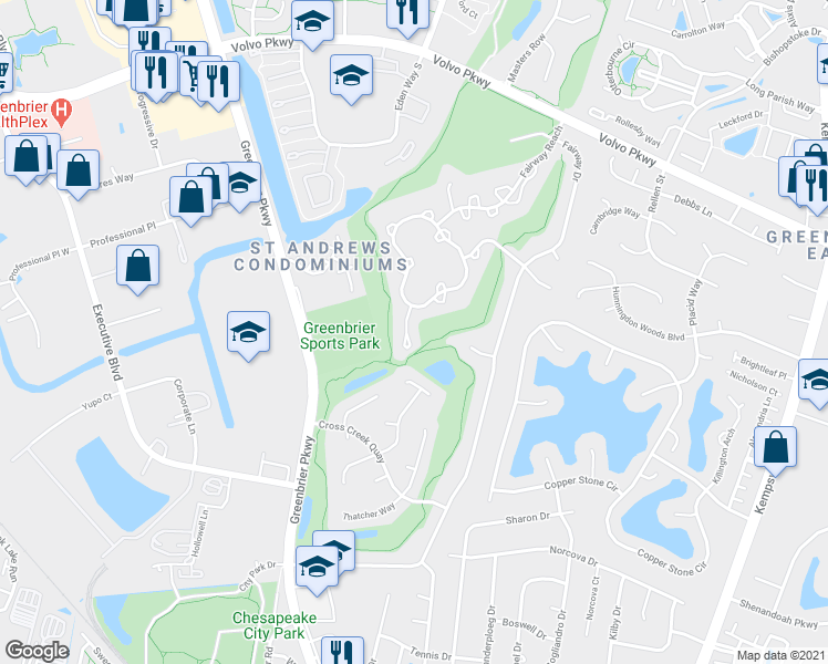 map of restaurants, bars, coffee shops, grocery stores, and more near 1012A Winged Foot Court in Chesapeake