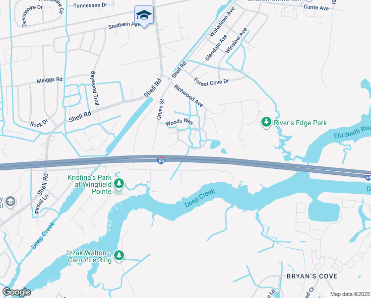 map of restaurants, bars, coffee shops, grocery stores, and more near 1207 London Plane Crest in Chesapeake