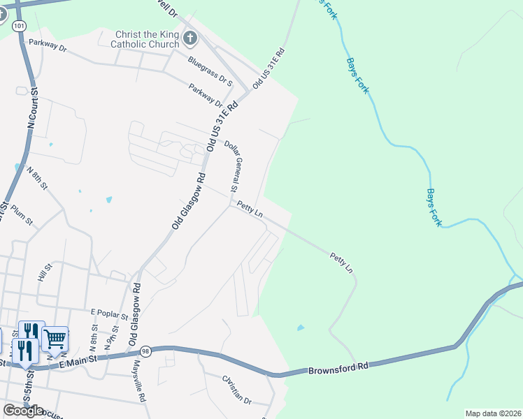 map of restaurants, bars, coffee shops, grocery stores, and more near 379-483 Petty Lane in Scottsville
