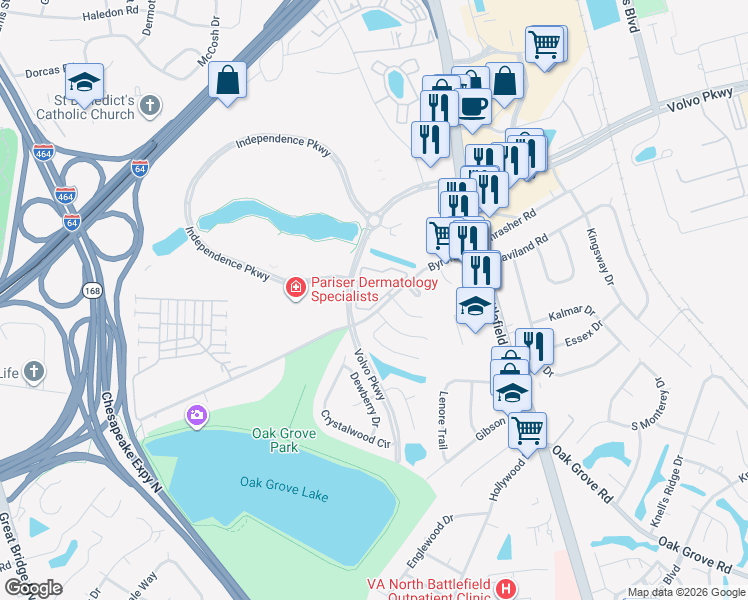map of restaurants, bars, coffee shops, grocery stores, and more near 211 Crosswinds Drive in Chesapeake