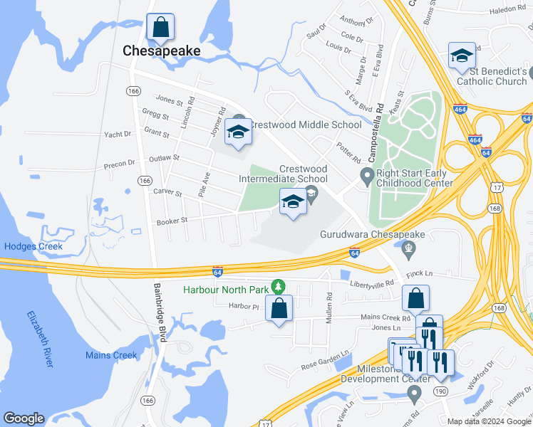 map of restaurants, bars, coffee shops, grocery stores, and more near 700 Lockhaven Street in Chesapeake