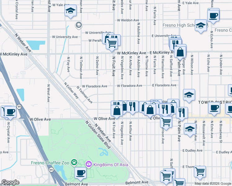 map of restaurants, bars, coffee shops, grocery stores, and more near 1352 North Fruit Avenue in Fresno