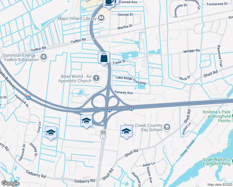 map of restaurants, bars, coffee shops, grocery stores, and more near 2741 Fenway Avenue in Chesapeake